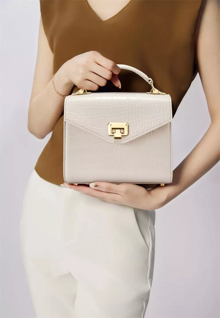 Duchess 女式米白色顶柄手提包-纯素皮革斜挎包和方袋