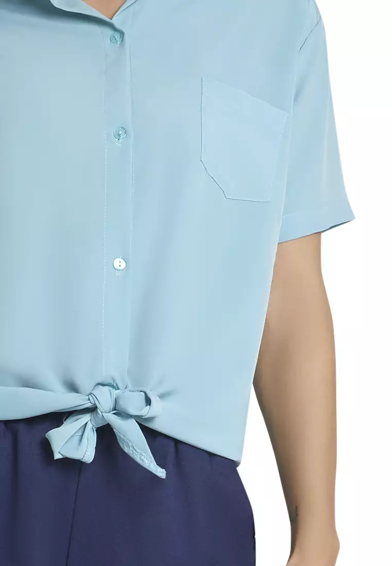 Roseanne Blouse Short Sleeve Motif Solid Atasan Baju Wanita Casual - Tosca