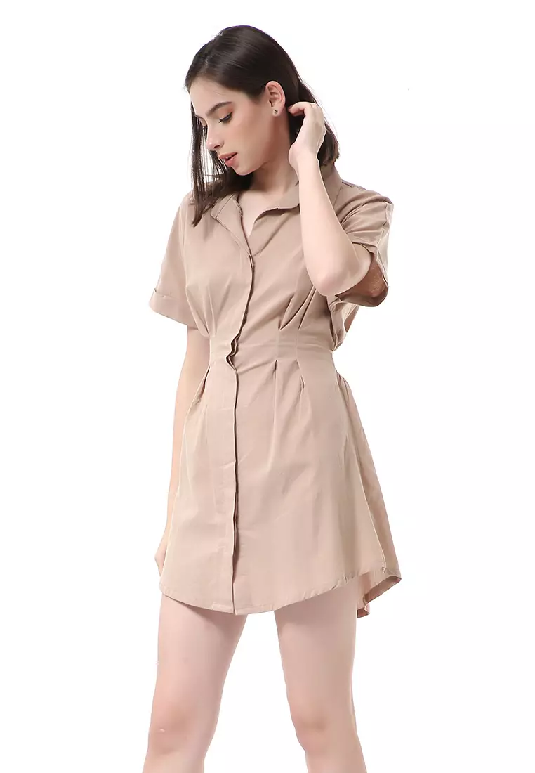 Rachel Dress Wanita Lengan Pendek Model Kemeja Plain Motive Material Cotton ORIGINAL - Brown