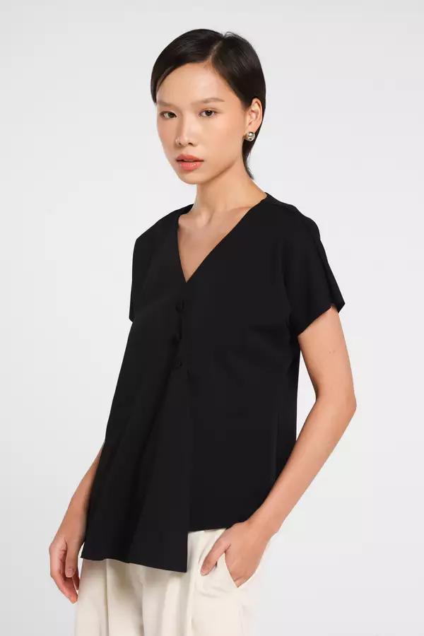 MINIMAL - Marjoan - Blus Asimetris Kerah V-Neck - Black Colour Black