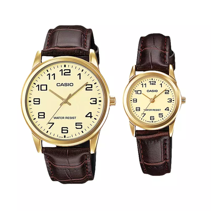 Jam Tangan Couple Casio General MTP-V001GL-9BUDF_LTP-V001GL-9BUDF Couple Champagne Analog Dial Brown Leather Band