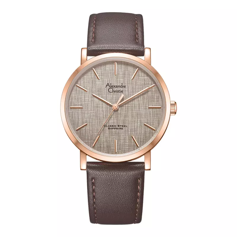 Jam Tangan Pria Alexandre Christie Classic Steel AC 8698 MH LRGGR Men Sapphire Pattern Dial Brown Leather Strap