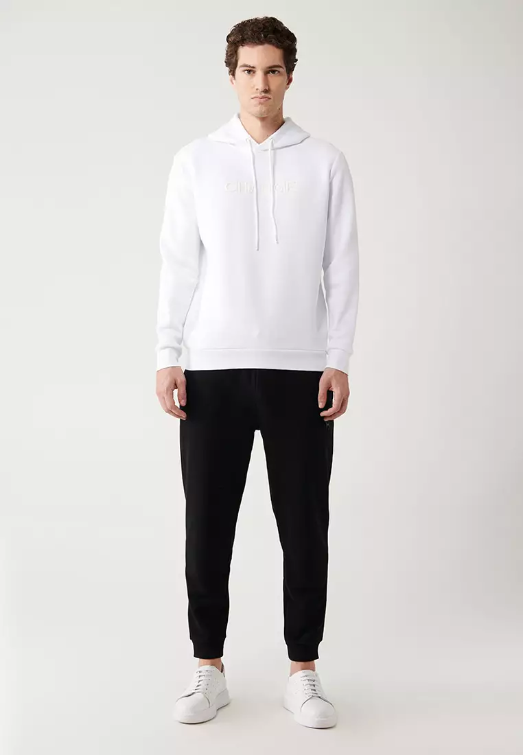 Men's White Hooded 3 Thread Raised Printed Sweatshirt A32Y1240