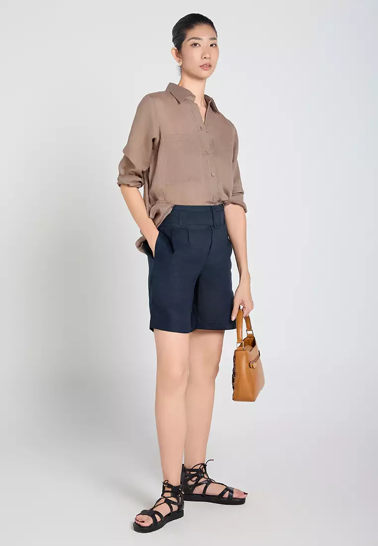 Navy Blue Linen Shorts with Belt