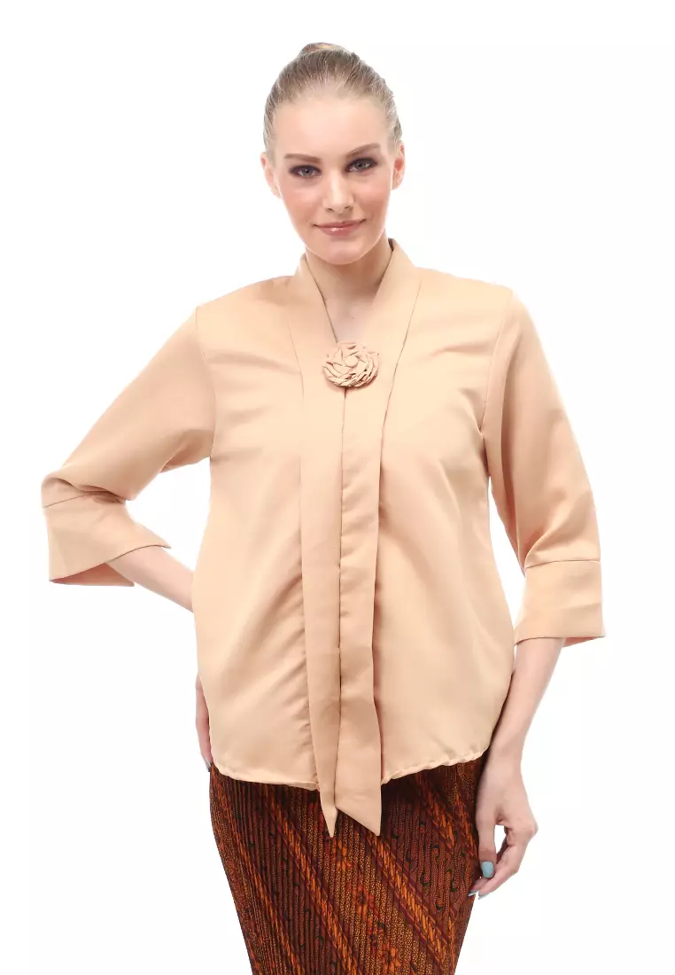 Elvia Kebaya Atasan Wanita Lengan Panjang Design Casual - Coklat Susu