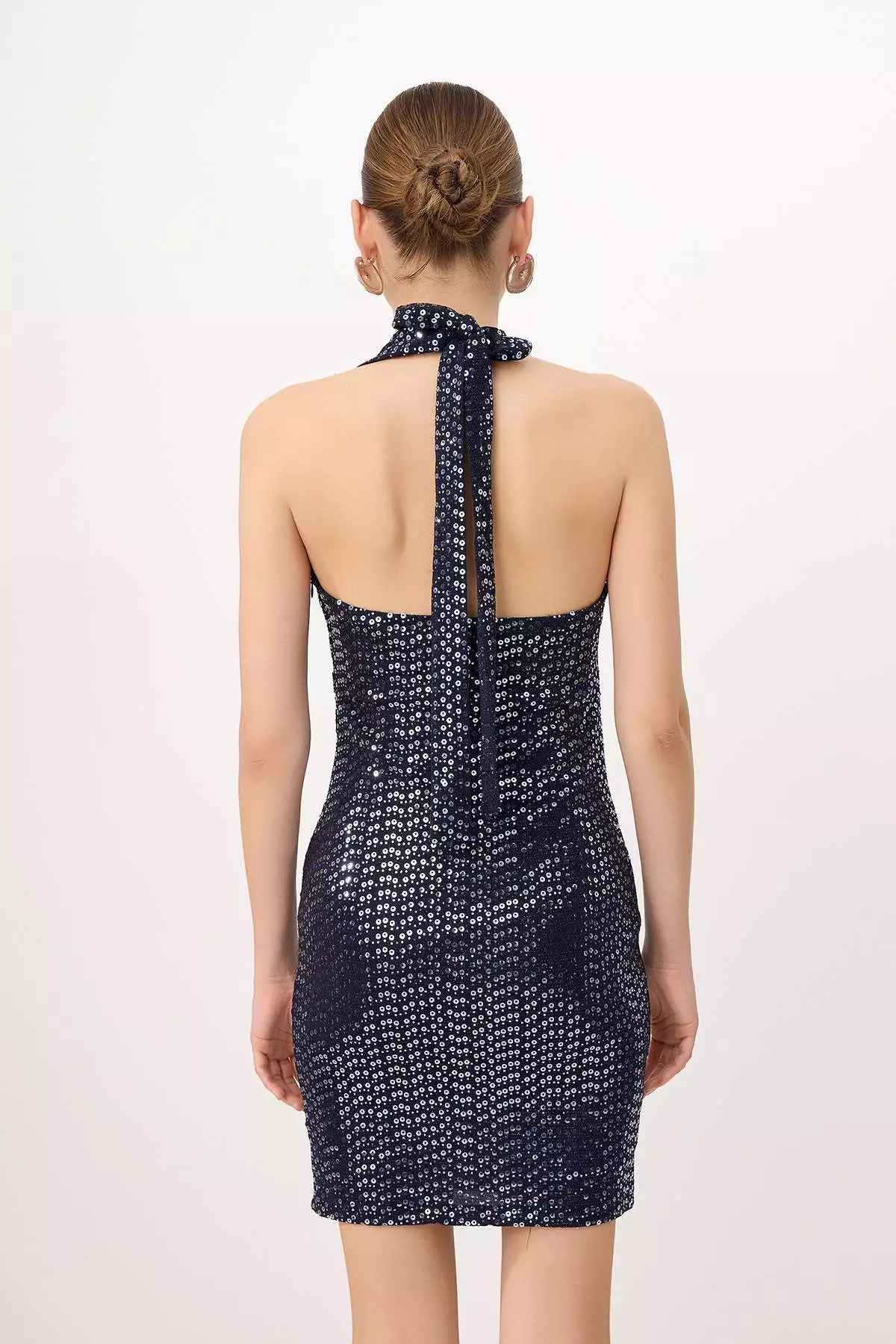 Navy Blue Halter Neck Sequin Mini Dress Tprss26El123