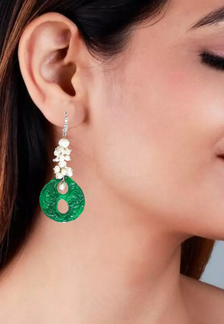 Jade Earrings Duo Holes Pearl Embellished Anting Wanita Batu Giok Green & Pearly White