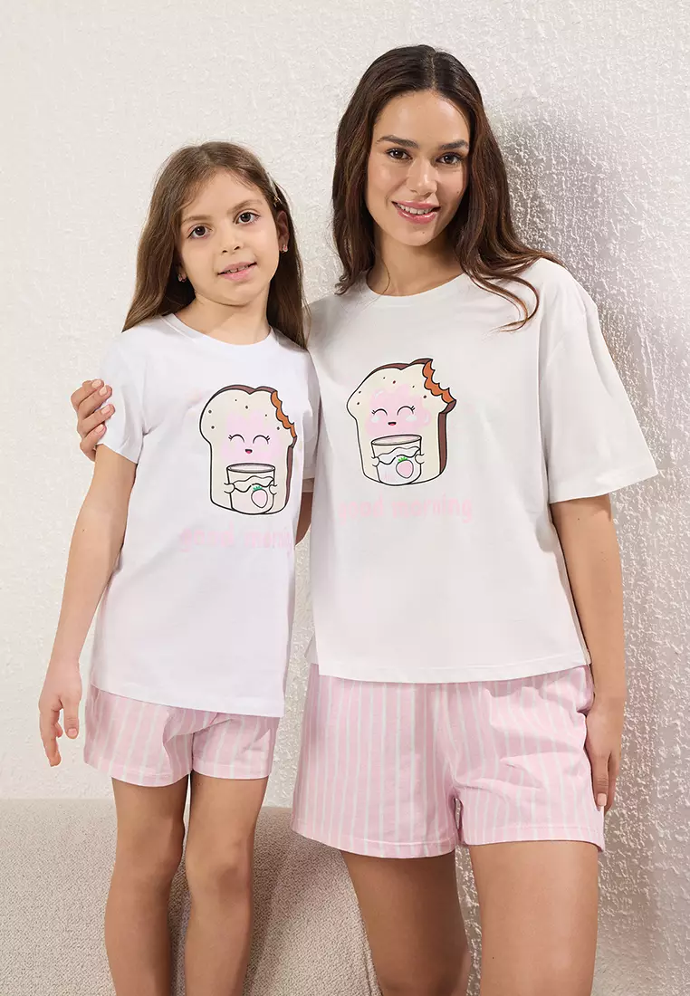 Women's Mini Me/Mother Girl White 100% Cotton Striped Printed Shorts Knitted Pajama Set THMSS25PT00353