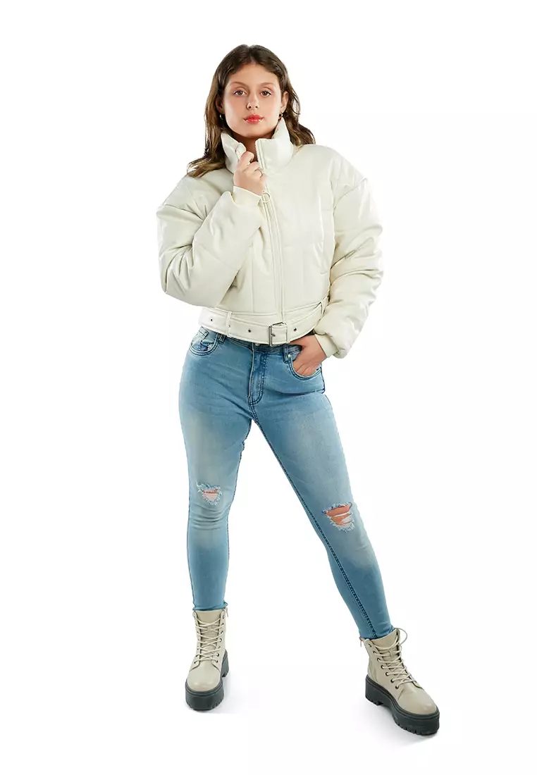 Cream Cropped Belted Puffer Jacket