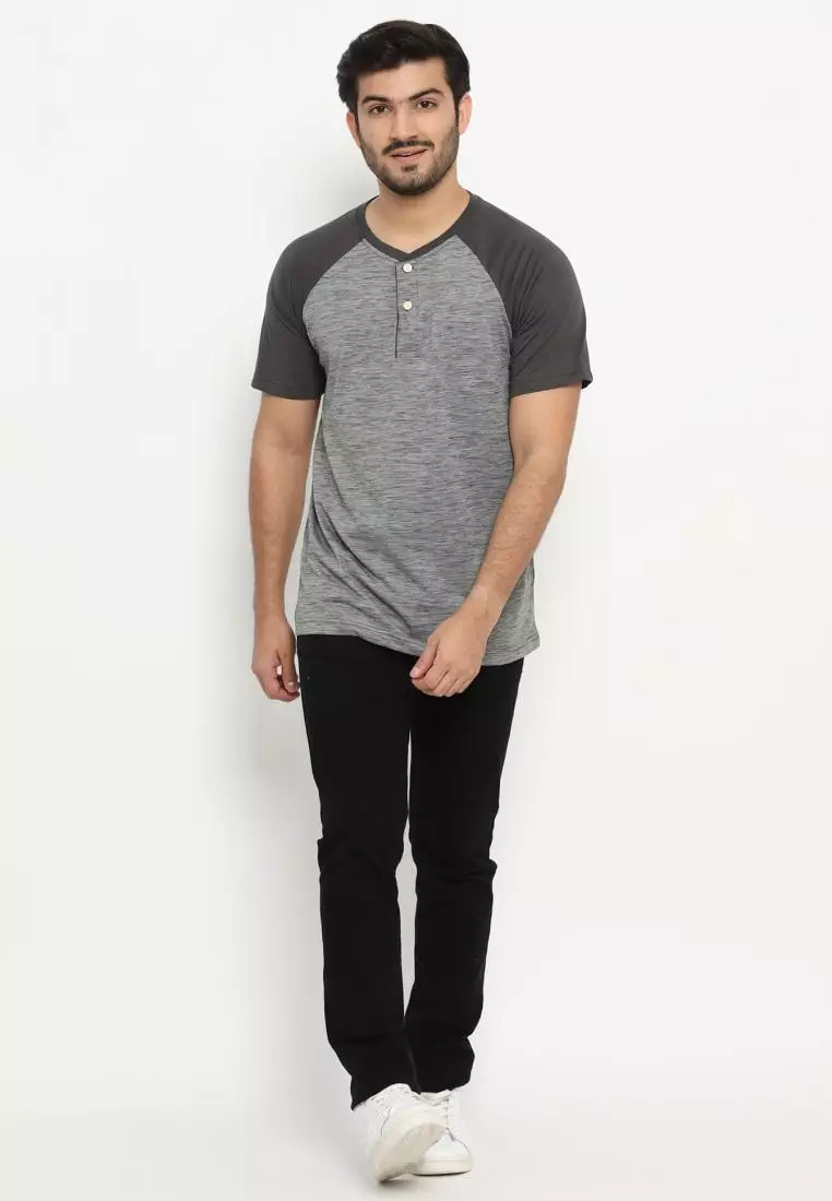 MATSUDA Kaos Pria T Shirt Henley Texture Slub Kawagoe