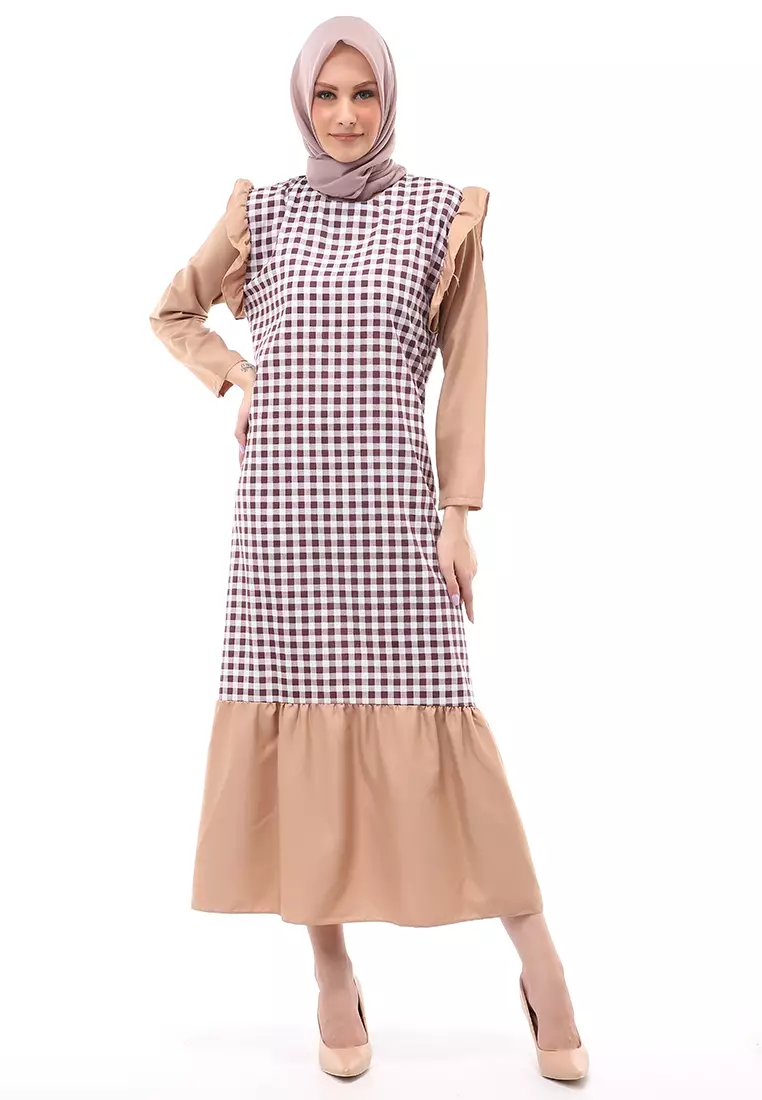 Ghina Gamis Tartan Muslimah Long Casual Wanita Regular Fit - Mocca