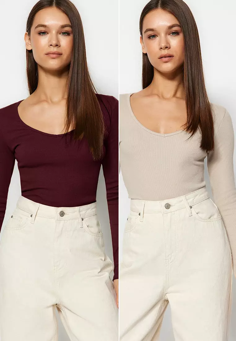 Claret Red-Stone 2-Pack V-Neck Fitted/Body-Sit Cotton Flexible Knitted Blouse Twoaw24Bz00068