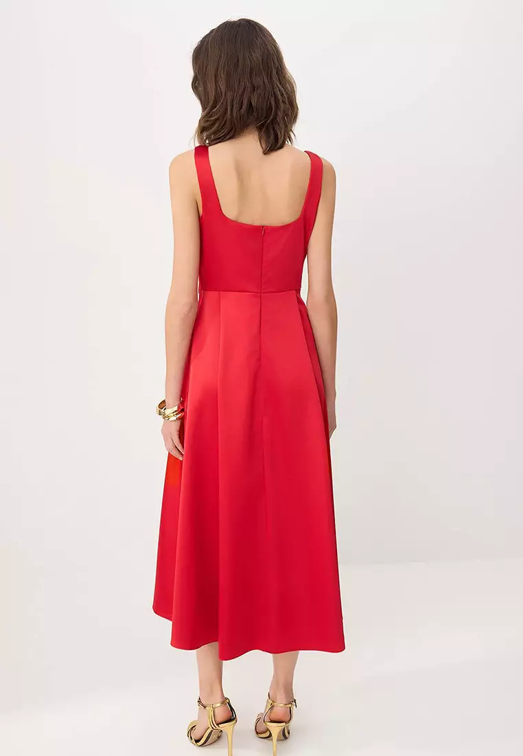 Red Straight Skirt With Open Waistline, Woven Satin Midi, Unlined, Stylish/Evening Dress