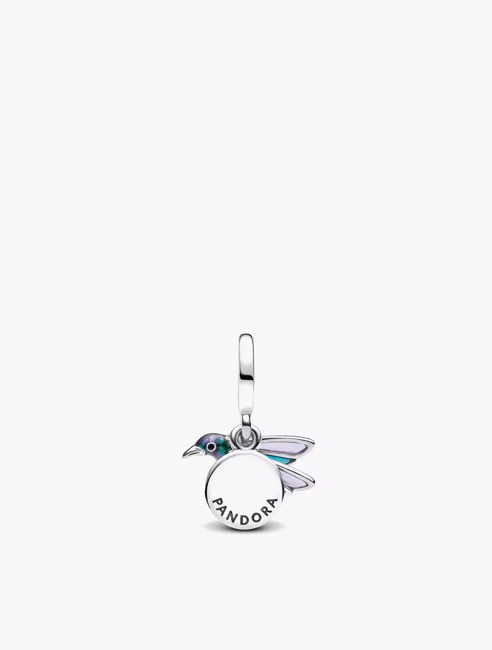 Hummingbird sterling silver double dangle with glittery green, black, transparent blue and purple enamel
