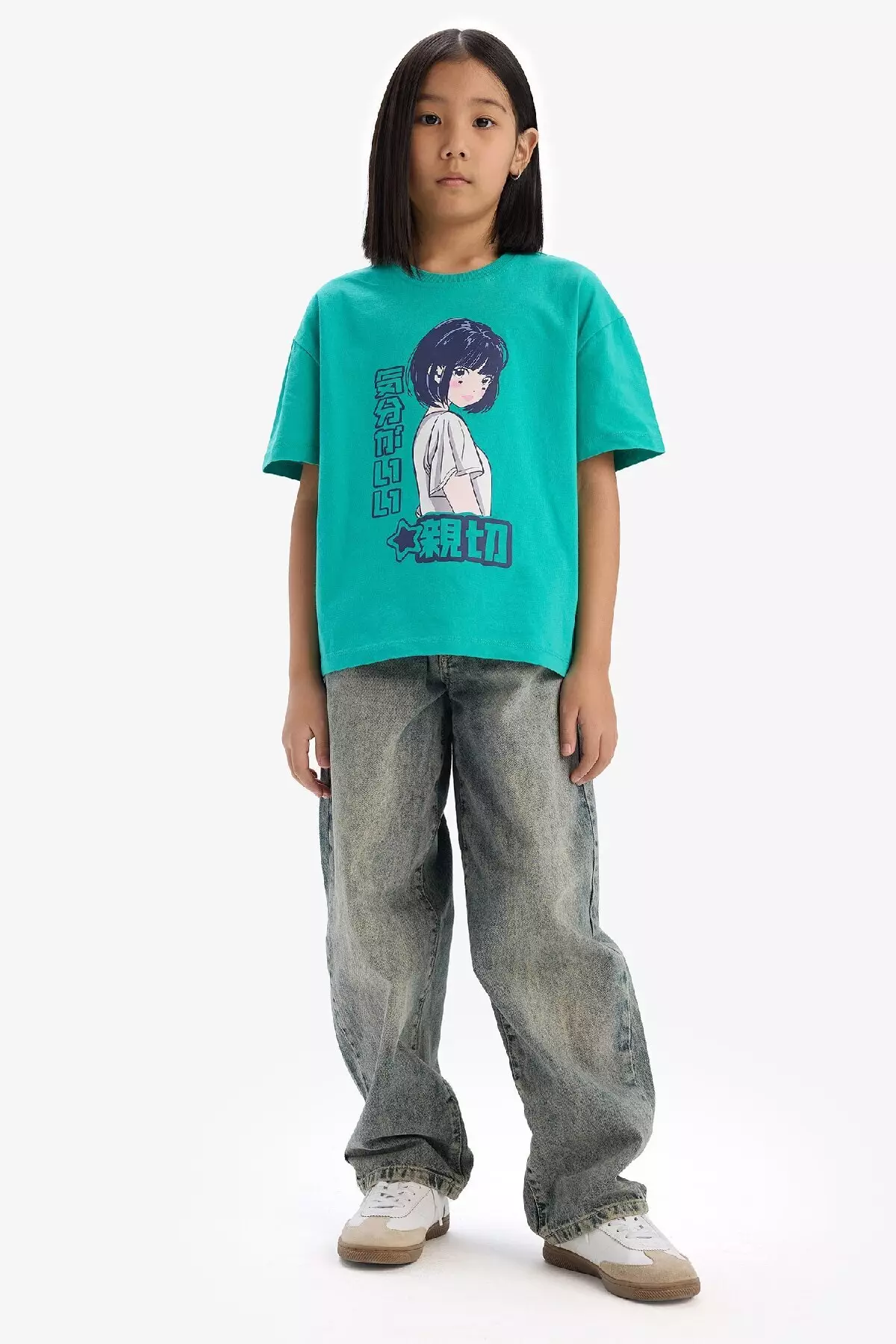 Girl's Oversize Wide Fit Crew Neck Printed Short Sleeve T-Shirt E0356A825Sm