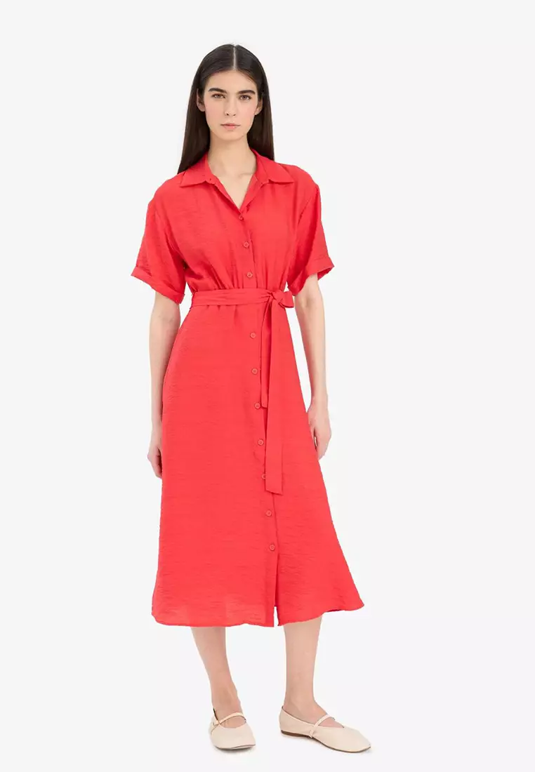 Shirt Collar Belted Short Sleeve Red Midi Summer Dress F2113Ax25Sm