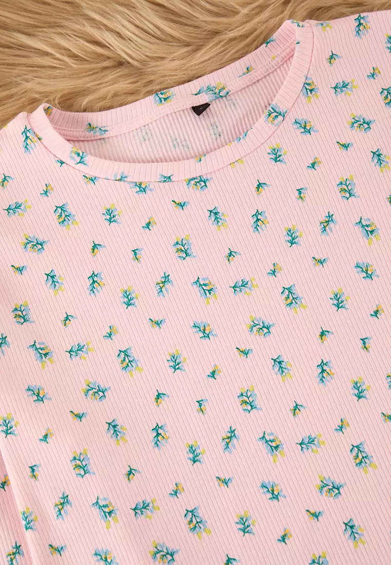Pink Soft Touch Cotton Floral Ribbed Knitted Pajama Set