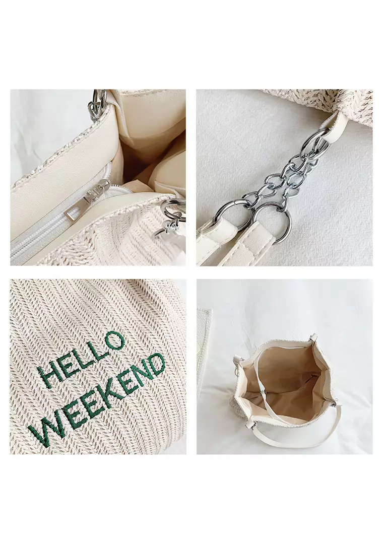 Wakakids Tas Wanita Bahu Shoulder Bag Tote Bag Bahan Anyam Jerami Motif Hello Weekend Venrz Coklat