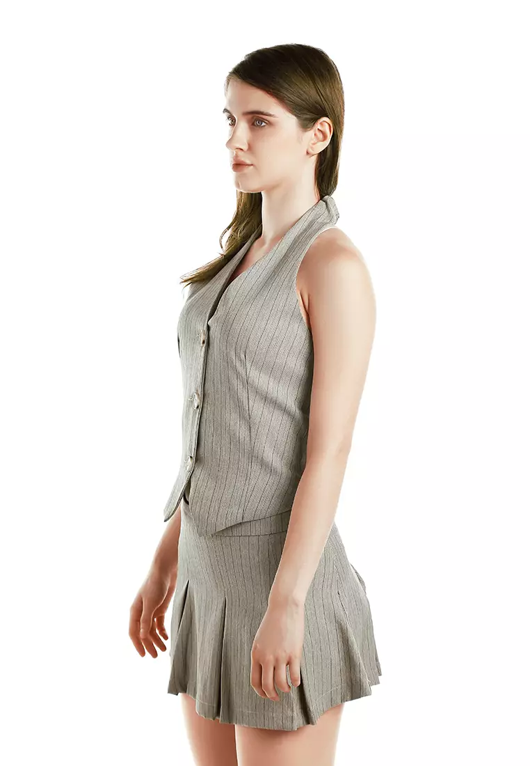 Atasan Halterneck Herringbone dalam warna Taupe