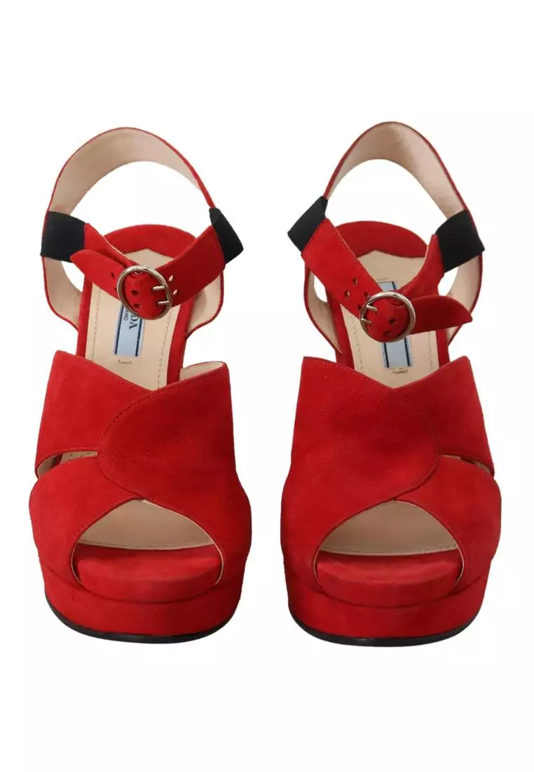 Prada Prada Red Suede Leather Sandals Ankle Strap Heels Shoes 2024