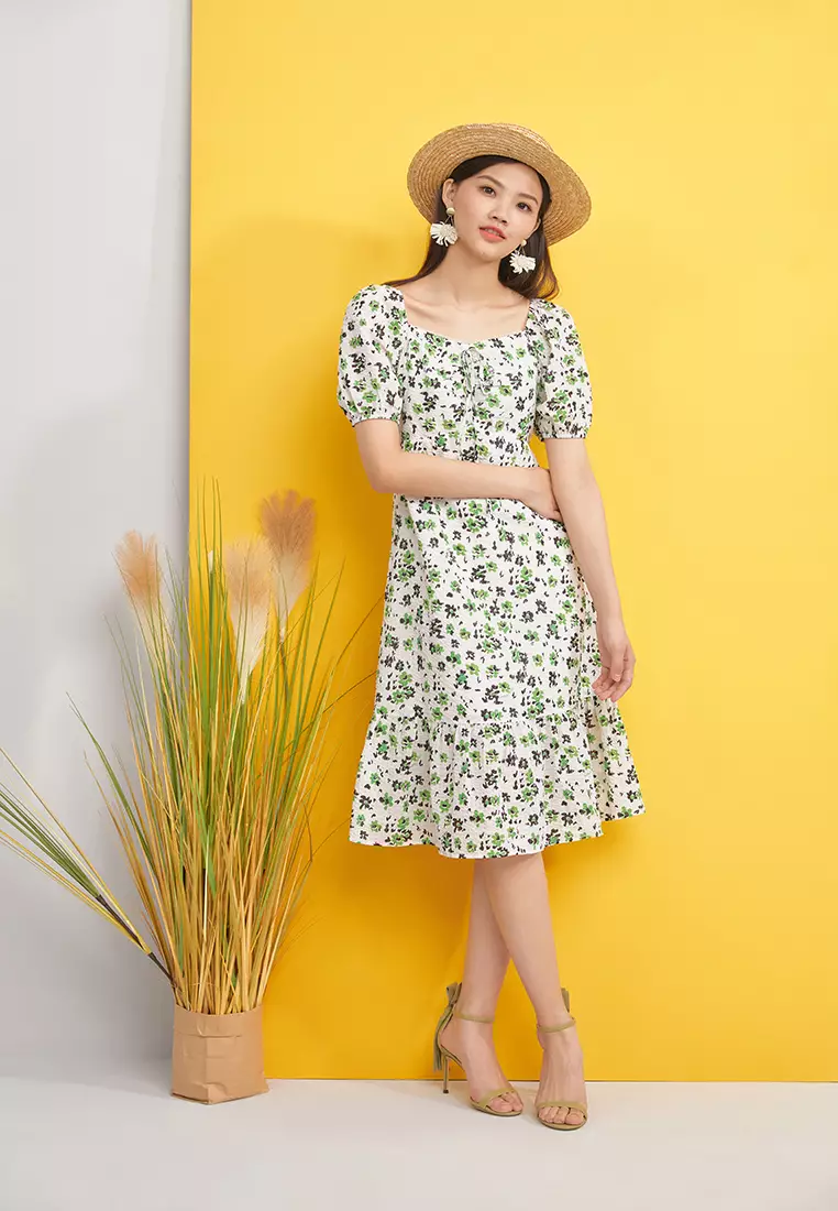 Square Neck Textured Floral Midi Dress