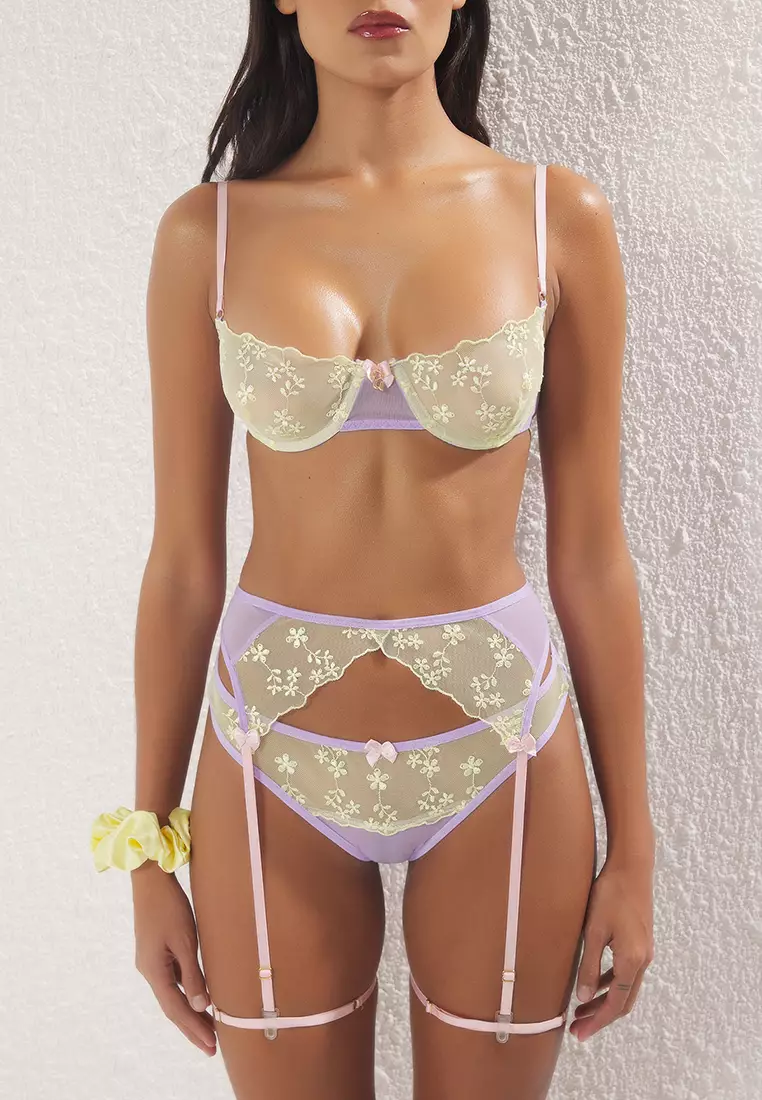 Lilac Yellow Tulle Garter Buckle Leg Band Capless Suspender Knitted Underwear Set