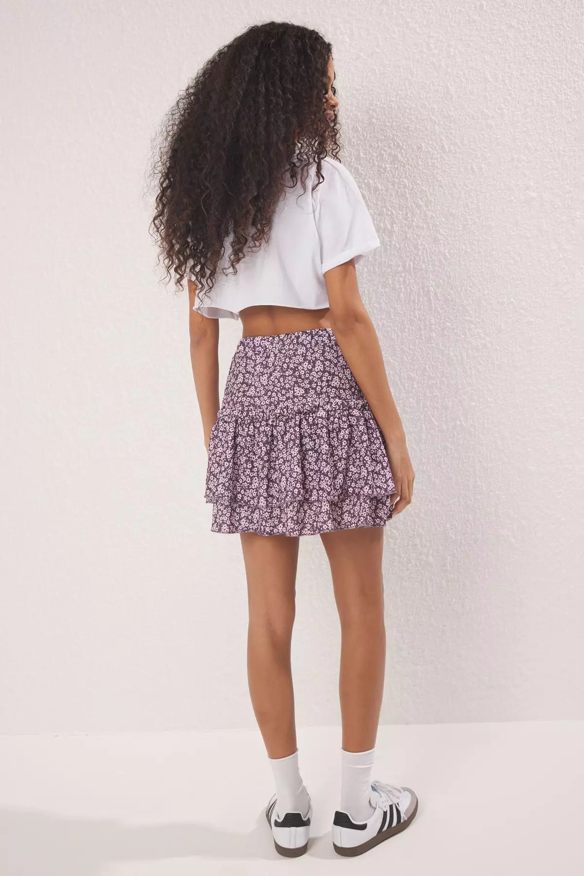 Purple Floral Printed Flounce Skirt Frilled Mini Knitted Skirt Twoss25Et00152