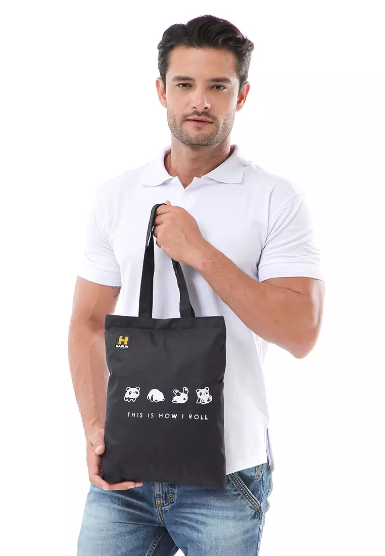Hamilton Totebag Pria Wanita Motif Panda Large Compartment Material Dinir ORIGINAL - Black