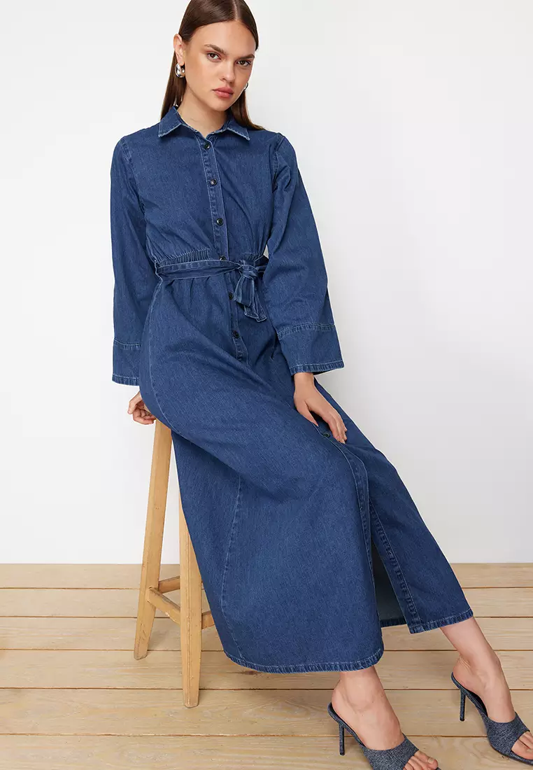 Cotton Denim Maxi Shirt Dress