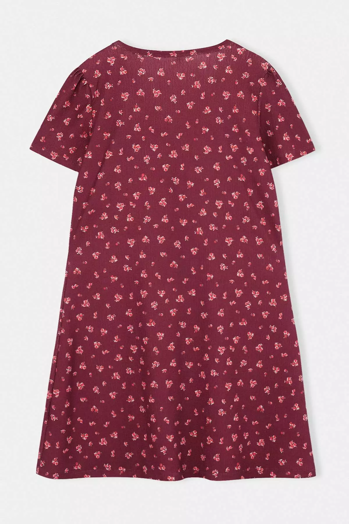 Burgundy Floral Printed Wrinkled V-Neck Knitted Plus Size Dress Tbbss26Ah00178