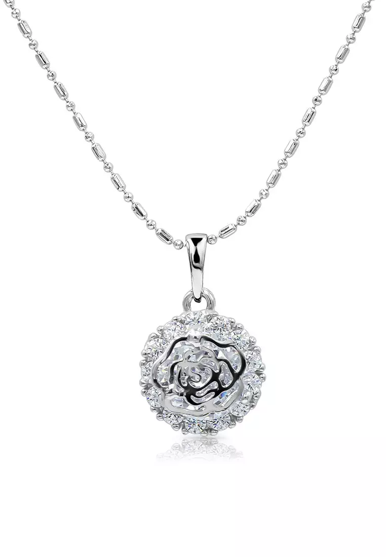 SO SEOUL Camellia Rose Flower White Diamond Simulant Cubic Zirconia Pendant Chain Necklace