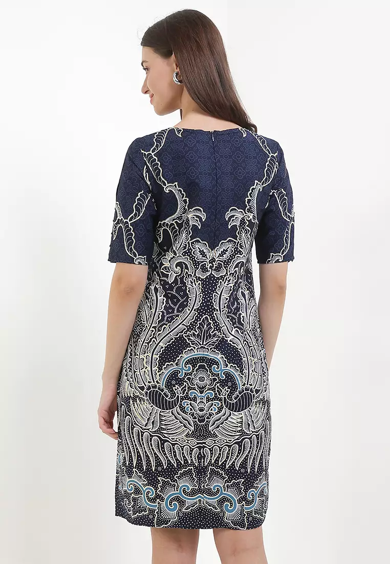 Dress Wanita Bodyfit Batik Furing Lining Dress Varenka Lengan Pendek Navy