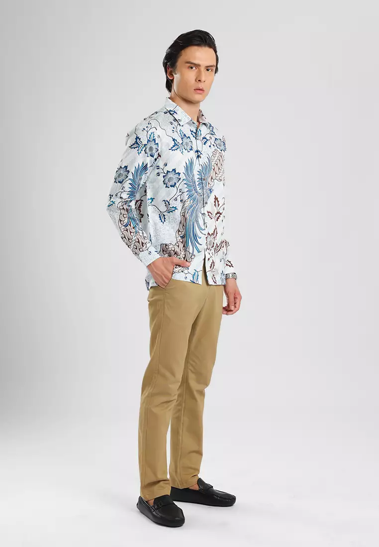 MANZONE - Kemeja Batik Lengan Panjang Pria Kundala 02 Modern Fit - White Warna White