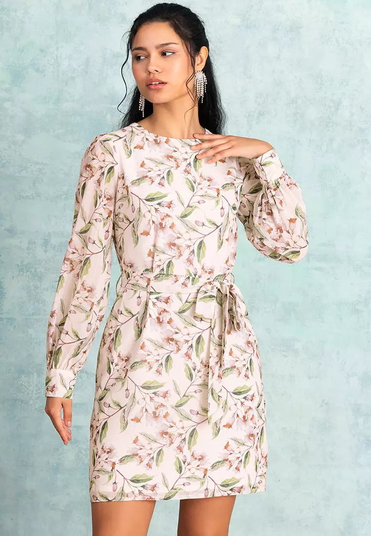 White Floral Print Shift Dress With Tie Up Belt