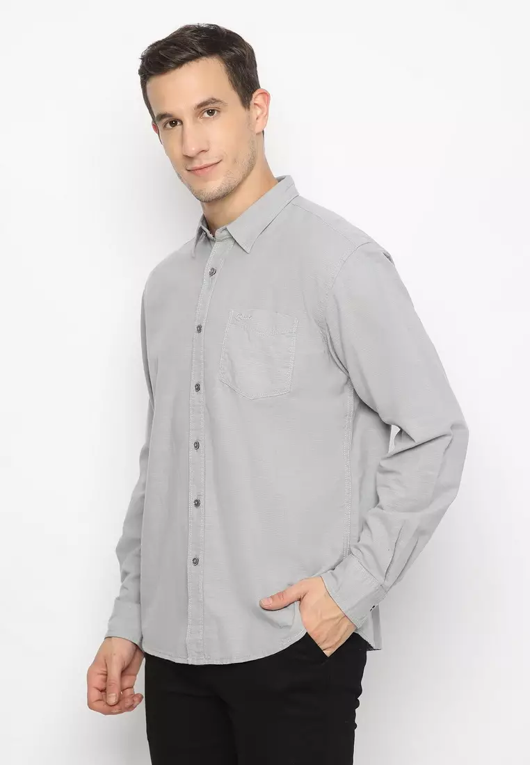 POLICE Kemeja Polos Cotton Slub Light Grey Regular Fit Lengan Panjang Pria