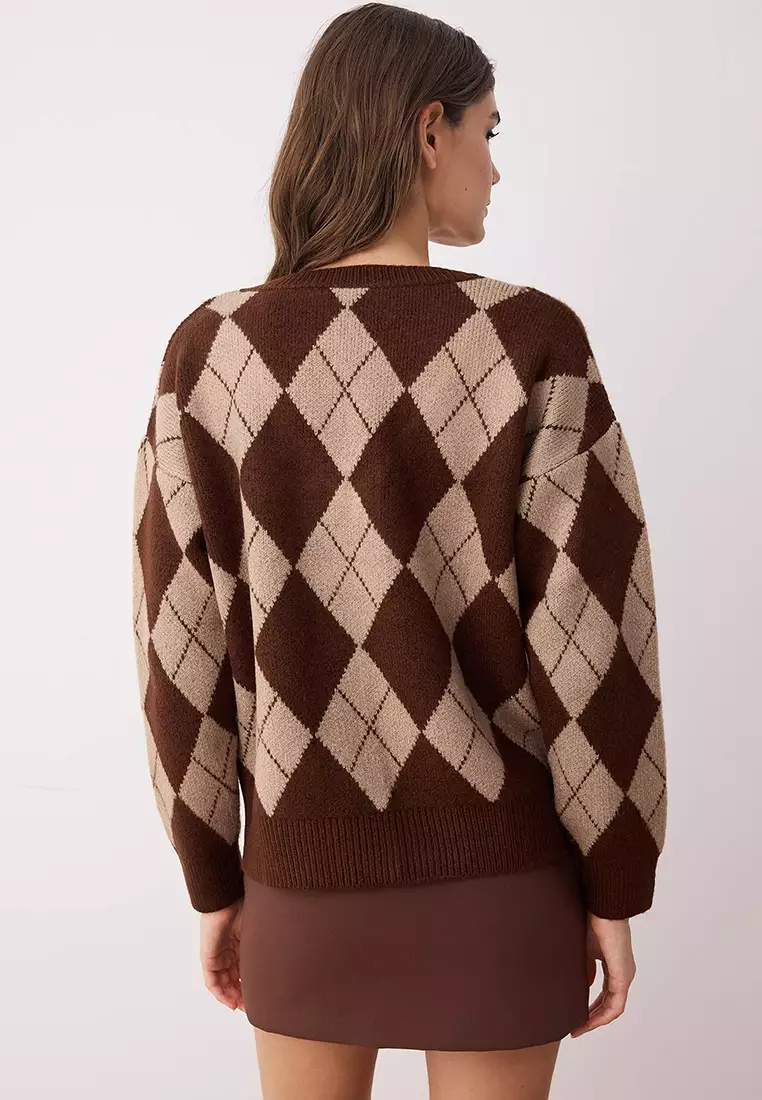 Dark Brown Soft Textured V Neck Argyle Knit Sweater