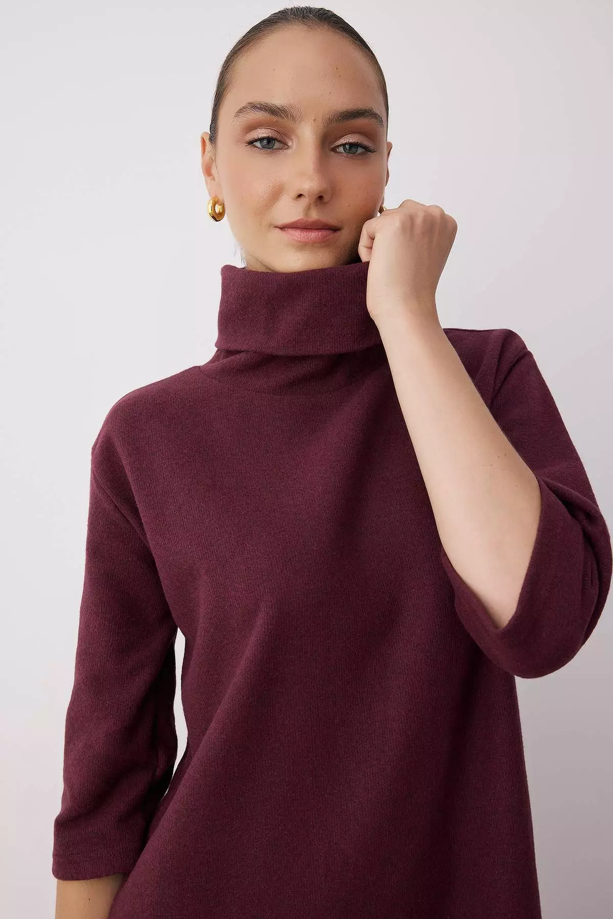 Plum Turtleneck Shift/Plain Mini Selanik Long Sleeve Knitted Dress