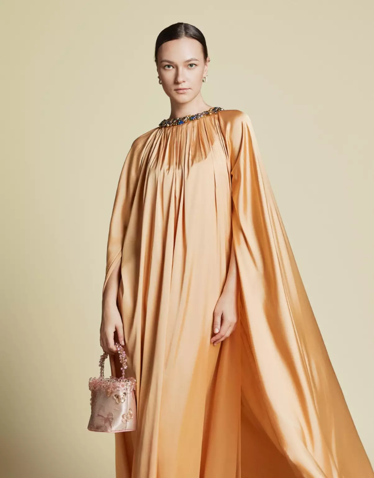 Demure Signature - Crystal Embellished Cape Kaftan in Italian silk Twill Light Peach - Dress