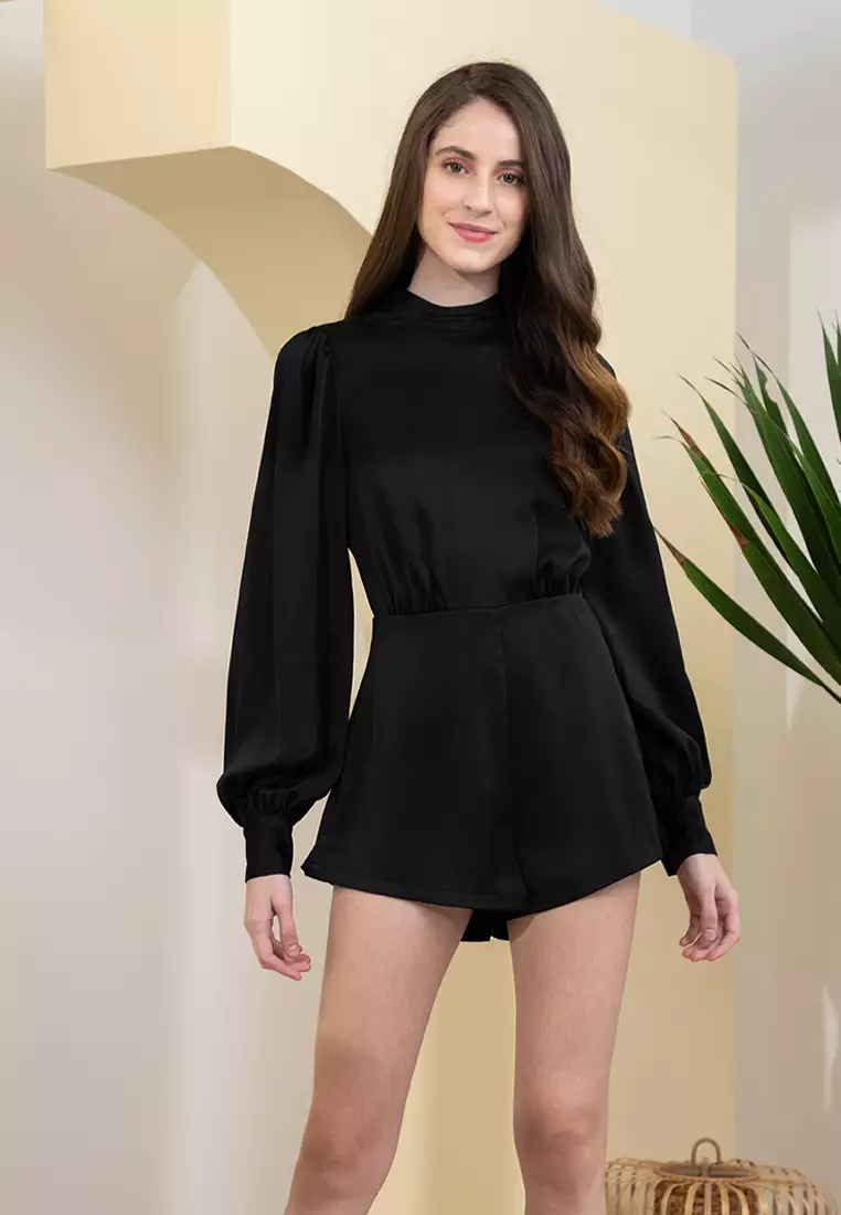 Satin Open Back Mock Neck Playsuit