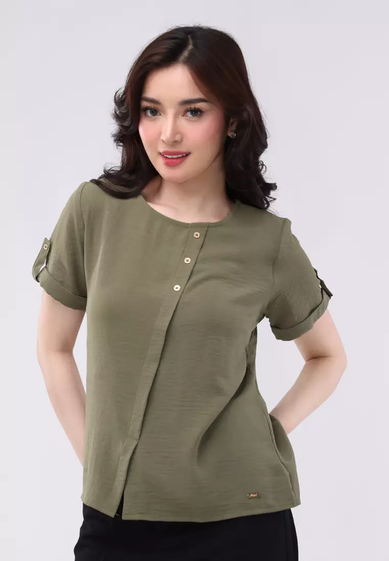 Linen Wrinkles Short Sleeves Round Neck Blouse
