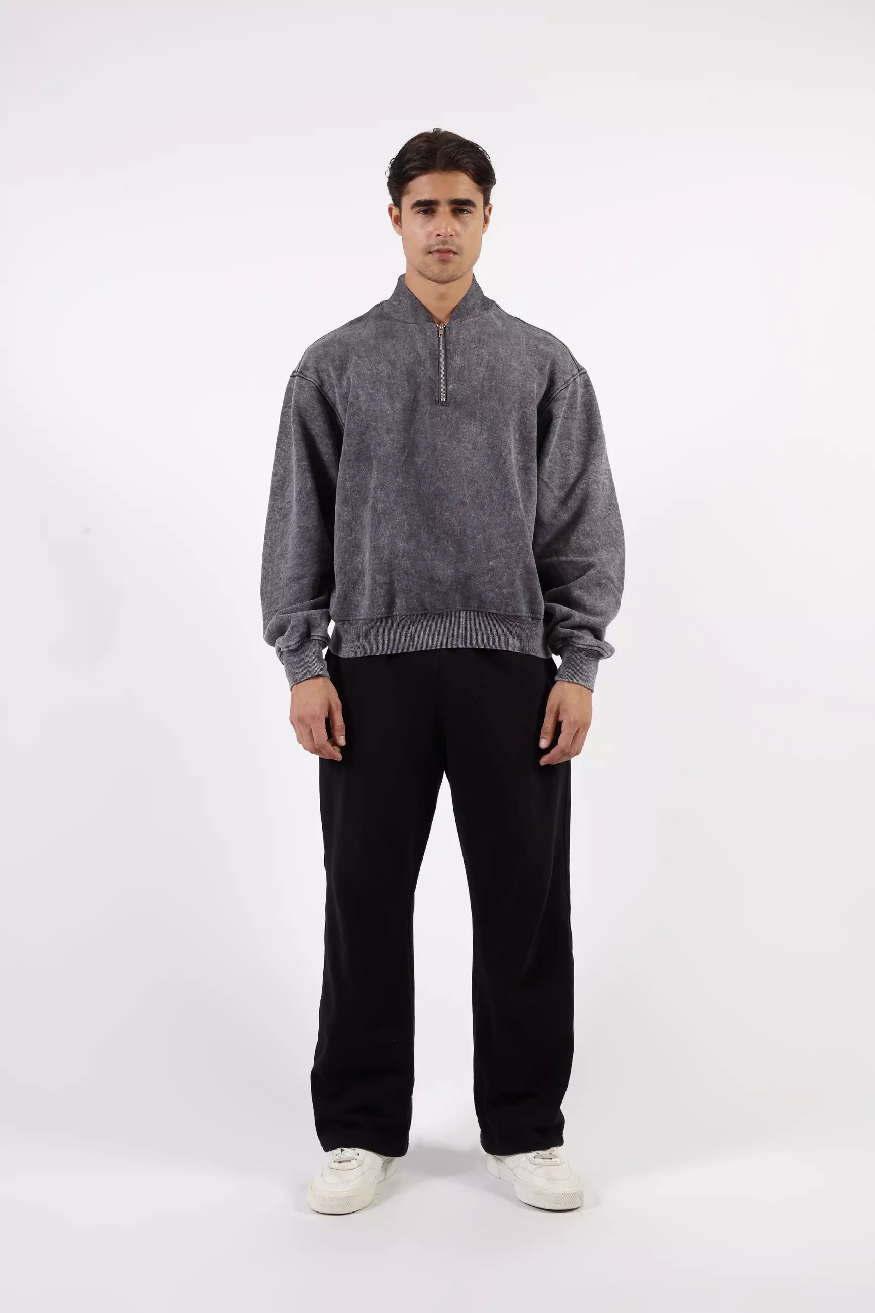 VEDECI SIGMA HALF ZIP GREY WASHED OVERSIZED PULLOVER CROP SWEATER