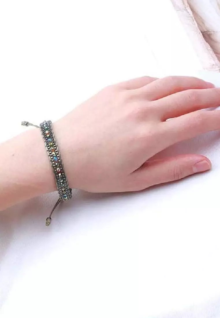 Aksesoris Gelang Wanita Crystals Beads Embellish Macrame Bracelet Green Army