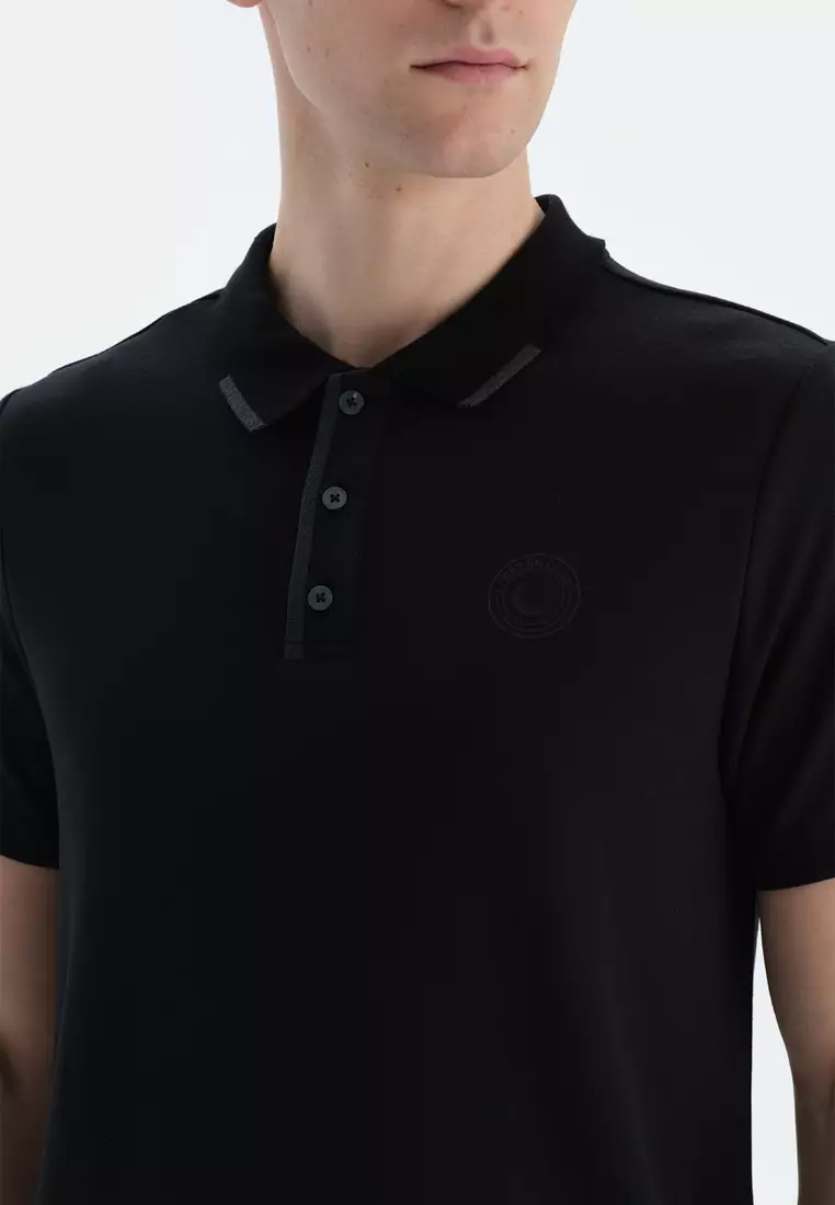 Black T-Shirt, Logo, Button-down Collar, Regular, Short Sleeve Activewear for Men