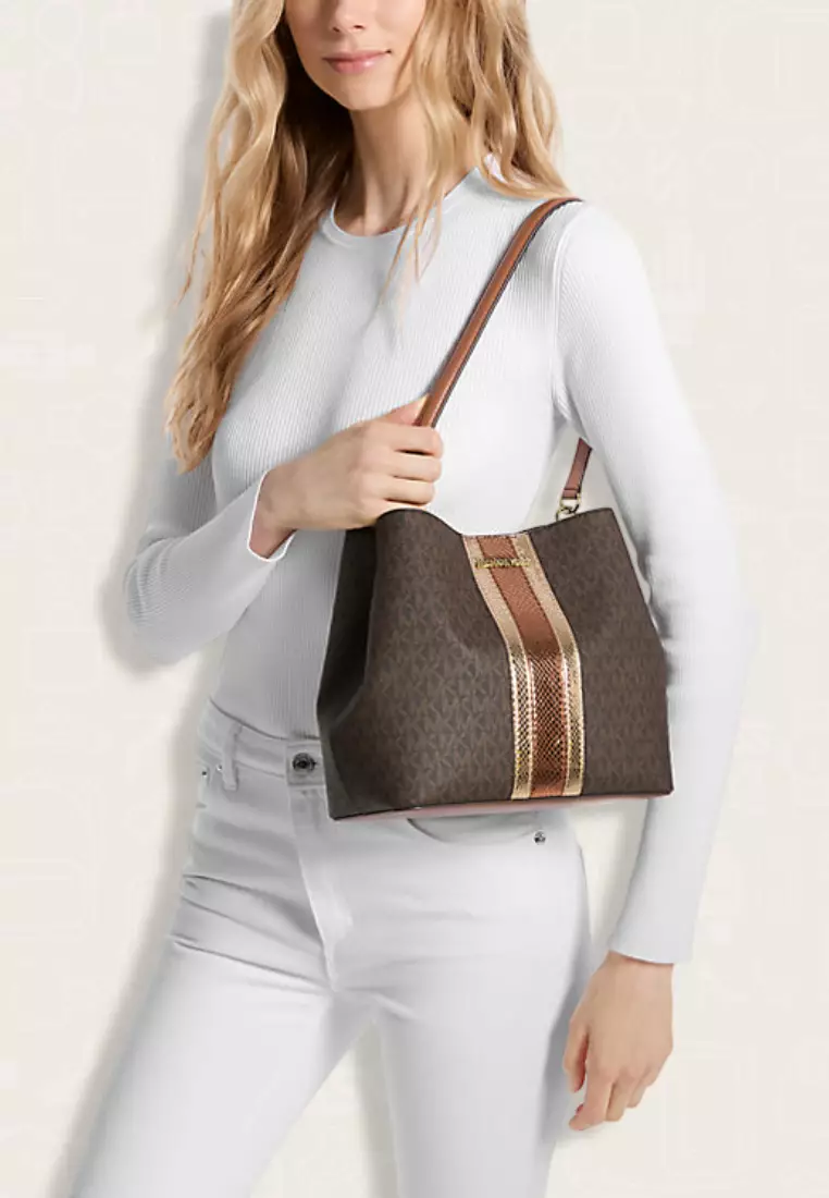 Michael Kors Pratt Medium Signature Logo and Metallic Shoulder Bag Brown