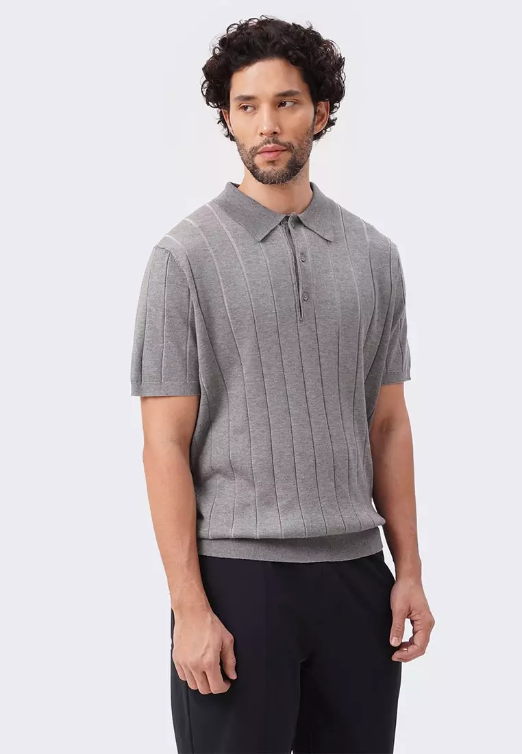 Men's Textured Ribbed Knit Polo with Hem Band - The New Standard