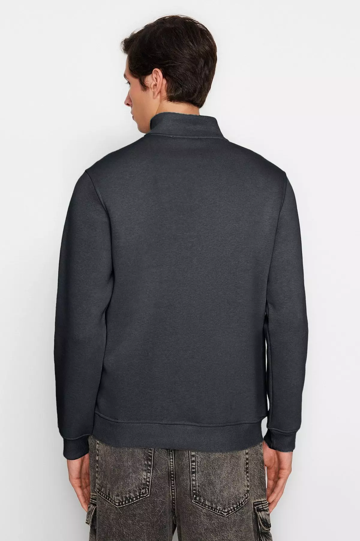 Anthracite Regular/Normal Cut Stand Collar Zippered Warm Basic Sweatshirt TMNAW24SW00041