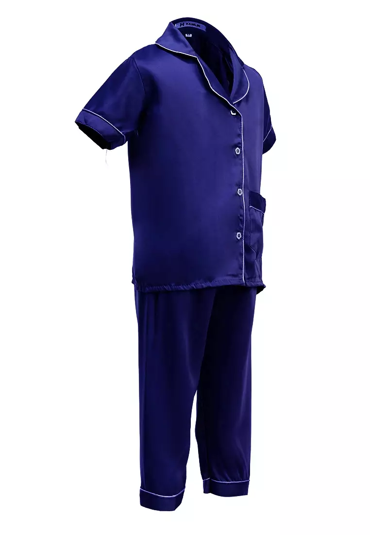 Joyce Piyama Anak Unisex Lengan Pendek Kids Pajamas Motif Polos Material Satin ORIGINAL - Navy