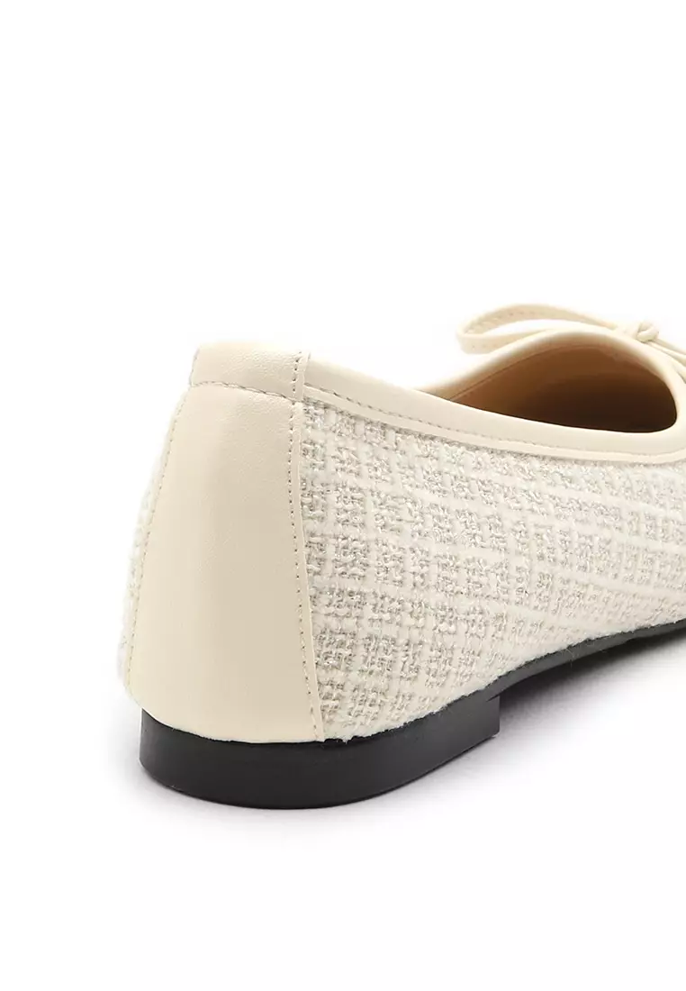 Malette Tweed two tone Ribbon Flats (1cm) - Ivory