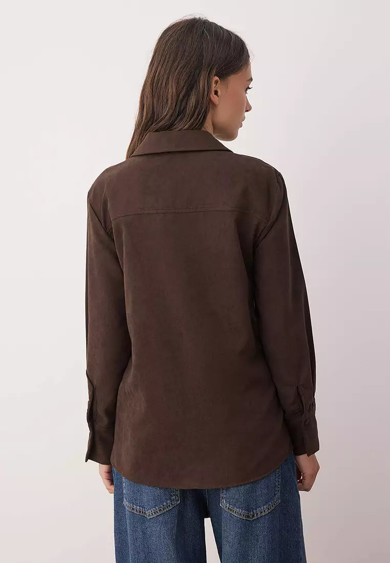 Dark Brown Regular Fit Suede Shirt Twoaw26Go00027
