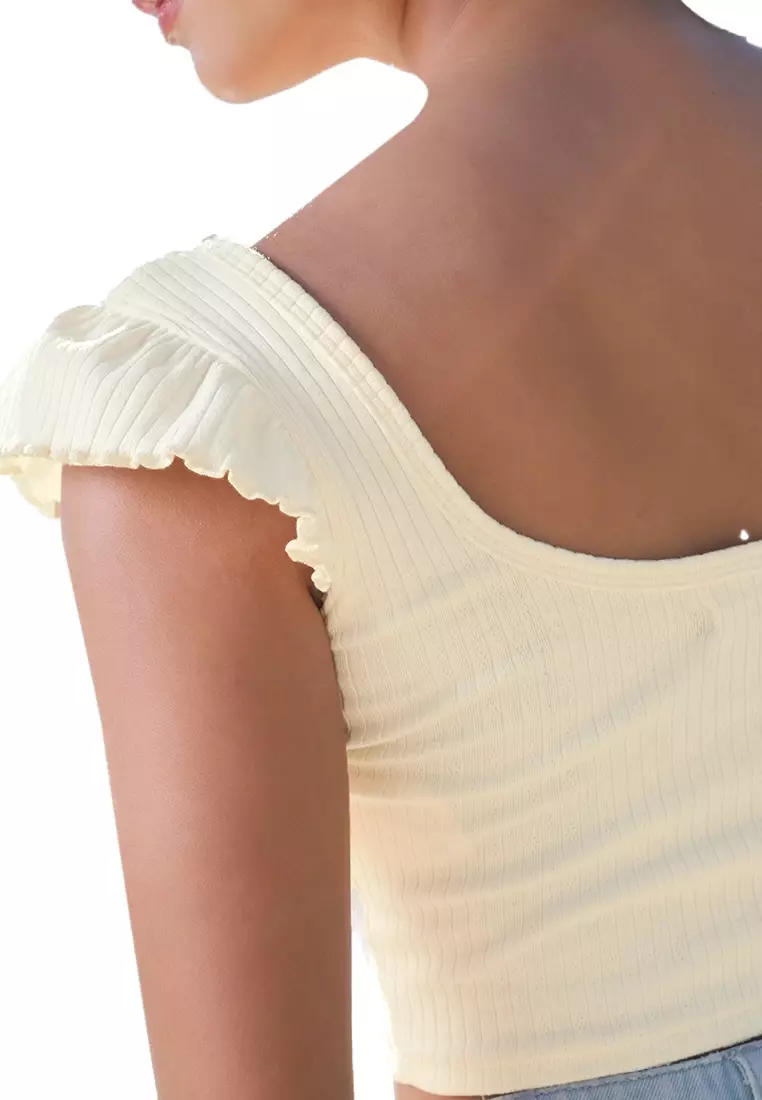 Pointelle Jersey Top With Ruffle Sleeves